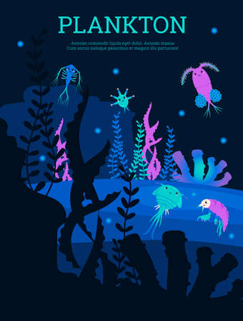 Plankton underwater world banner or poster design flat vector illustration.のイラスト素材
