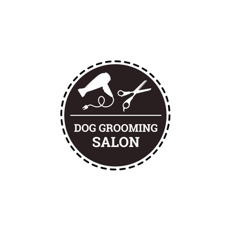 Dog grooming salon emblem or label, black and white vector illustration isolated.のイラスト素材