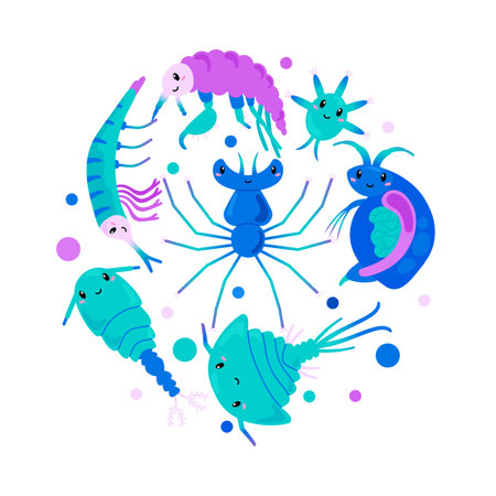 Aquatic crustaceans and zooplankton decorative banner flat vector isolated.のイラスト素材