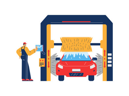 Automatic car wash tunnel, flat vector illustration isolated on white background.のイラスト素材
