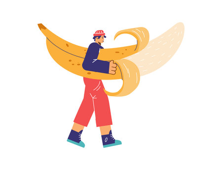 Young man carrying banana, flat vector illustration isolated on white background.のイラスト素材