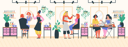 Makeup salon with artists and clients flat style, vector illustrationのイラスト素材