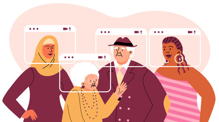Group of diverse people with web site frames over their head, flat vector illustration on white...