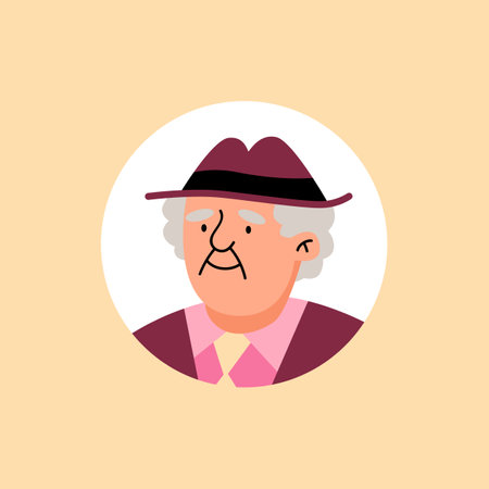 Elderly man portrait avatar in circle frame, flat vector illustration isolated on yellow background.のイラスト素材