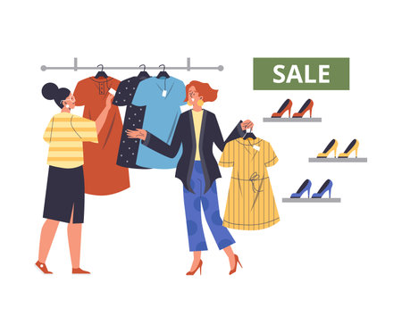 Woman shopping during sale with shop assistant, flat vector illustration isolated on white background.のイラスト素材