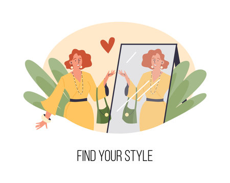 Stylish beautiful woman admiring reflection in mirror flat styleのイラスト素材
