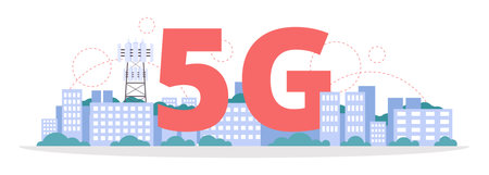 5G typographic header with cityscape and infographic wireless connections, flat vector illustration...