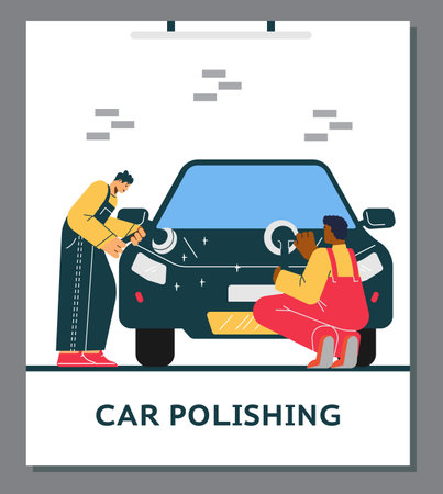 Car polishing and washing service employees, flat vector illustration isolated.のイラスト素材