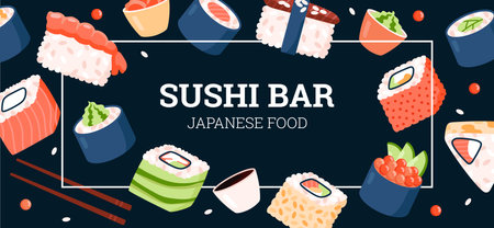 Sushi Japanese cuisine bar banner or flyer template flat vector illustration.のイラスト素材