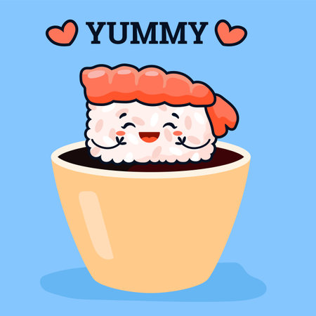 Sushi card or Japanese restaurant poster with cute kawaii sushi roll, vector.のイラスト素材
