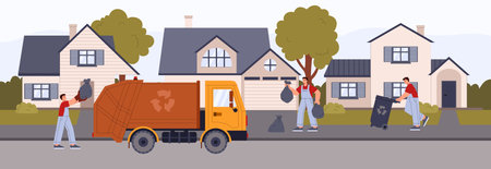 People put trash bags from the street into garbage truck flat styleのイラスト素材