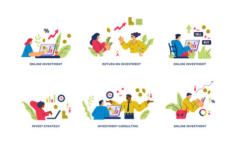 Set of scenes about online investment flat style, vector illustrationのイラスト素材