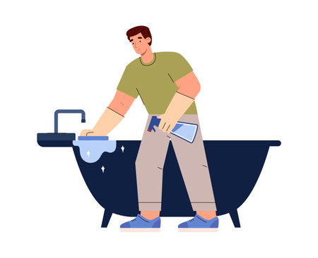 Young smiling man in gloves washing bath flat styleのイラスト素材