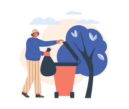 Human throws bag of garbage into big bin under tree flat styleのイラスト素材