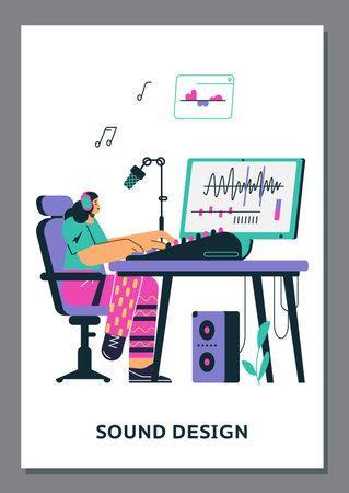 Female sound designer recording and creating music, poster template - flat vector illustration.のイラスト素材