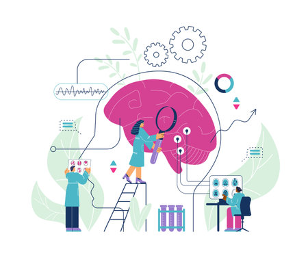 Study of human brain concept with scientists flat vector illustration isolated.のイラスト素材