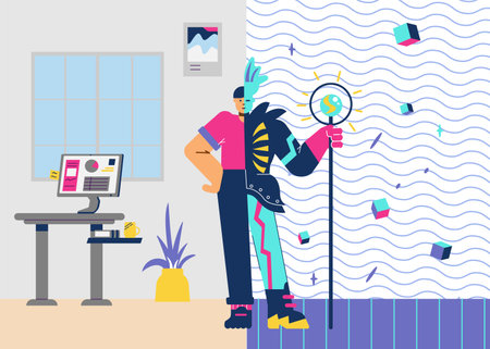 Metaverse shopping technology banner concept, flat cartoon vector illustration.のイラスト素材