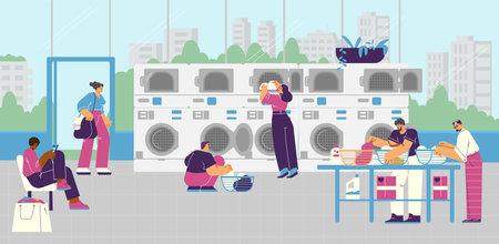 People in public laundry room washing clothes, flat vector illustration.のイラスト素材