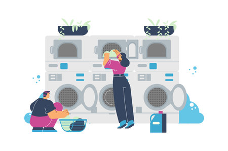 Man and woman in self service laundry room, flat vector illustration isolated on white background.のイラスト素材