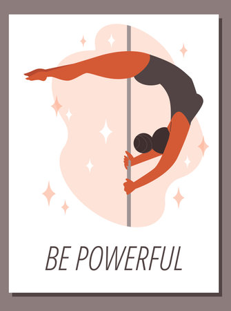 Powerful woman performing pole dance, poster template - flat vector illustration.のイラスト素材