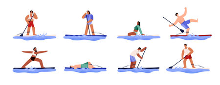 Set of paddle boarding people flat style, vector illustration