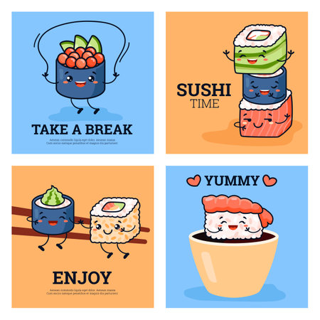 Set of banners with kawaii sushi characters flat style, vector illustrationのイラスト素材