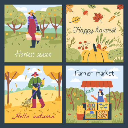 Set of squared banners about harvest season flat style, vector illustrationのイラスト素材