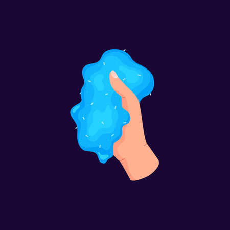 Hand holds blue sticky slime toy, cartoon flat vector illustration isolated on dark background.のイラスト素材
