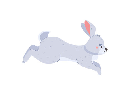 Furry rabbit running and jumping, cartoon flat vector illustration isolated on white background.のイラスト素材
