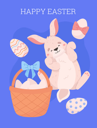 Cute and funny bunny with basket of decorated eggs, Easter greeting card, flat vector illustration.のイラスト素材