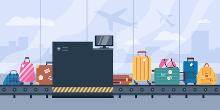 Airport security control point for passengers luggage, flat vector illustration.のイラスト素材