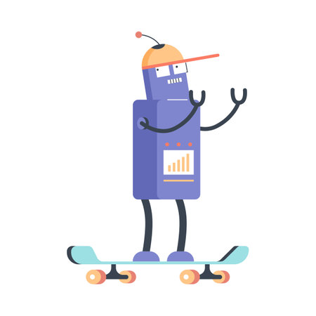 Funny robot skating, cute character design - cartoon flat vector illustration isolated on white background.のイラスト素材
