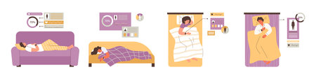 Sleep tracking and monitoring of sleep depth via app, flat vector isolated.のイラスト素材
