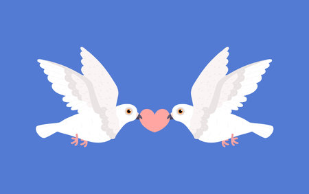 Cute pair of white pigeons holding heart together in beaks flat styleのイラスト素材