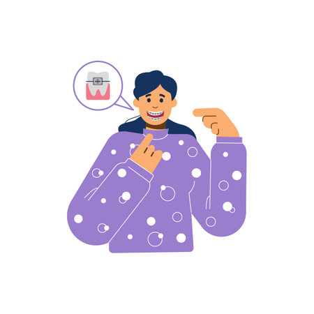 Happy smiling man showing teeth in braces, flat vector illustration isolated.のイラスト素材