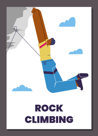 Poster or vertical banner with man hanging high on rock flat styleのイラスト素材
