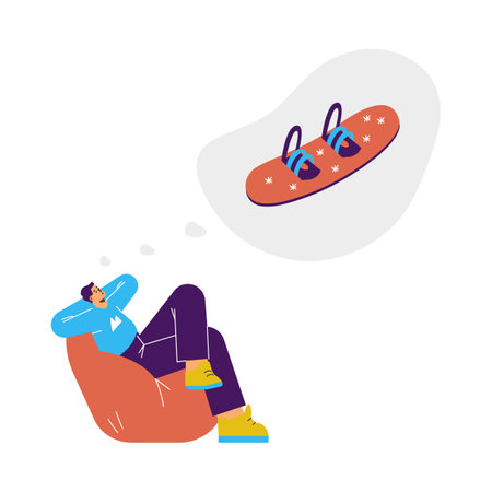 Young boy in chair dreaming about snowboarding flat styleのイラスト素材