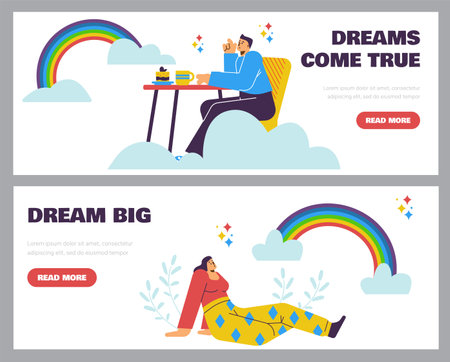 Dreaming people web banners set, flat vector illustration.のイラスト素材