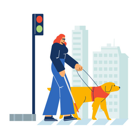 Guide dog or seeing-eye dog leading blind woman through the city, flat vector illustration isolated on white background.のイラスト素材