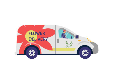 Flower delivery truck, flat vector illustration isolated on white background.のイラスト素材