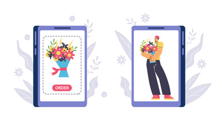 Flowers online order by phone, abstract flat vector illustration isolated on white background.のイラスト素材