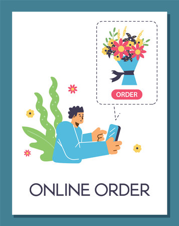 Flower bouquet online order, advertising poster template, flat vector illustration.のイラスト素材