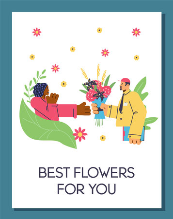 Flower delivery advertising poster, flat vector illustration.のイラスト素材