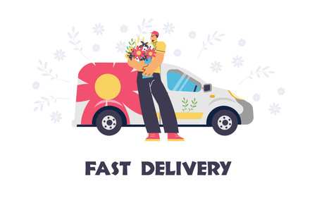 Smiling delivery man holding big fresh flower bouquet flat styleのイラスト素材