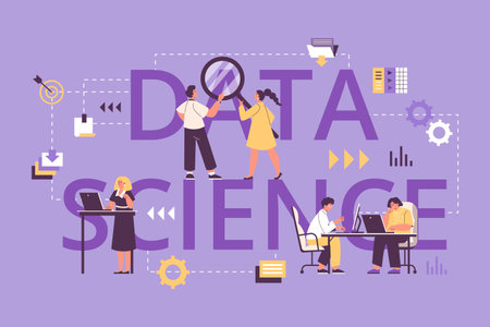 Data science typographic header, people work as data engineers - flat vector illustration isolated on purple background.のイラスト素材