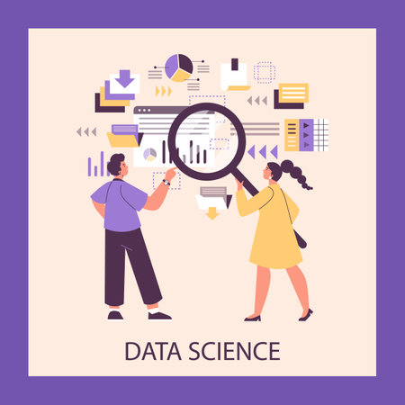 Data science technology banner or poster design for web, flat vector isolated.のイラスト素材