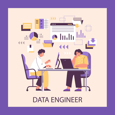 Data engineer IT occupation banner or poster mockup flat vector illustration.のイラスト素材