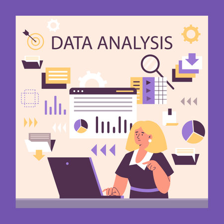 Woman working in data analysis field, poster template - flat vector illustration.のイラスト素材