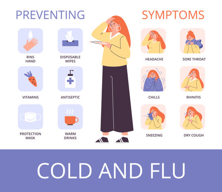 Cold and flu symptoms and prevention methods, flat vector illustration.のイラスト素材