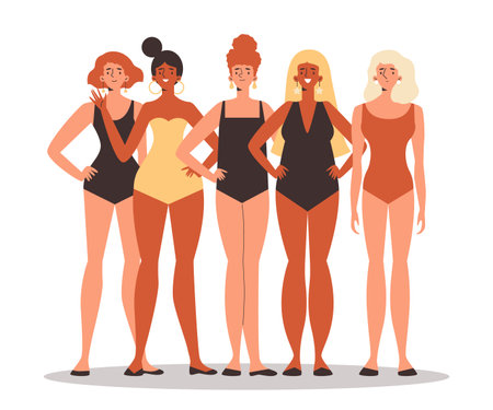 Female characters with various body types and races, flat vector isolated.のイラスト素材